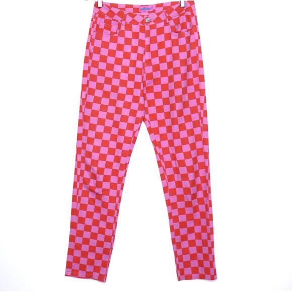 EDIKTED Rory Checkerboard Denim Jean Red Pink High Rise Straight Cut Women's S - Picture 1 of 12
